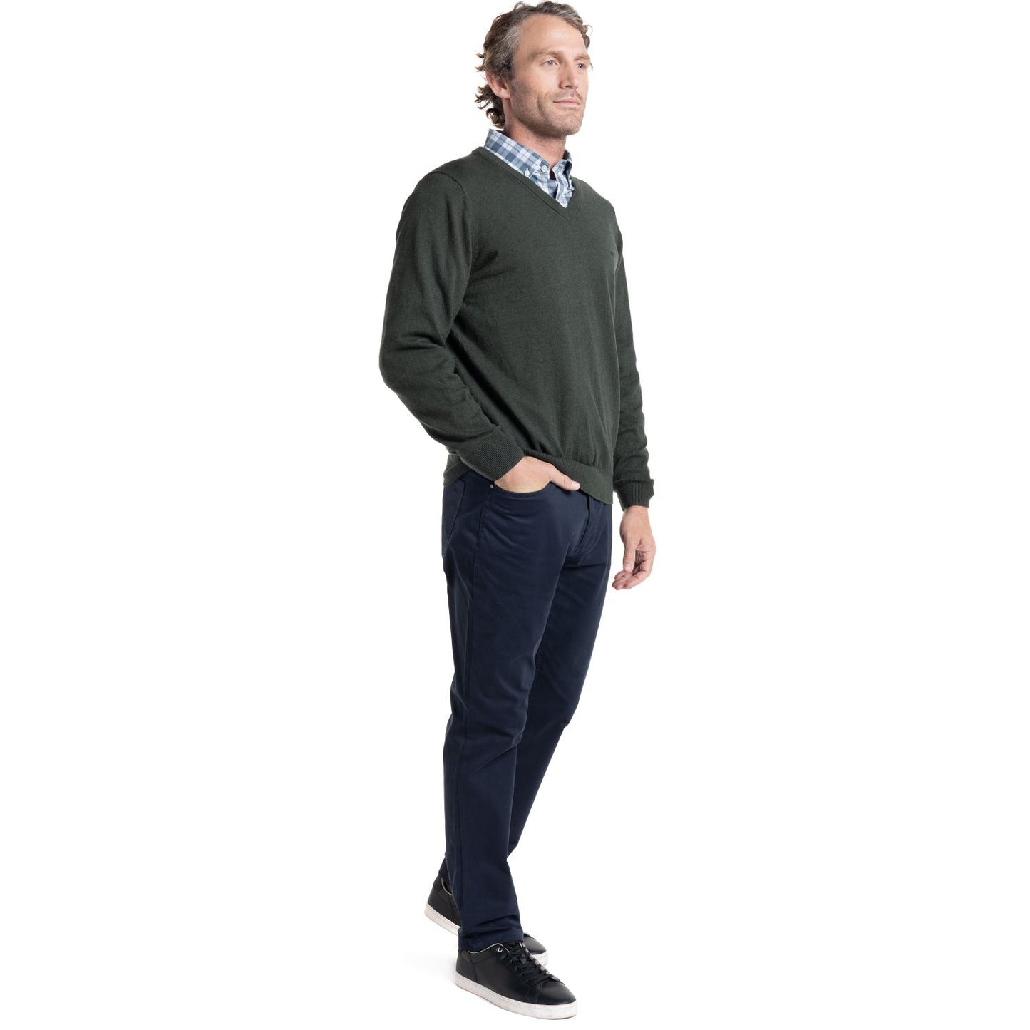 Sweater Hombre Manga Larga Melange Cuello V Verde Oscuro