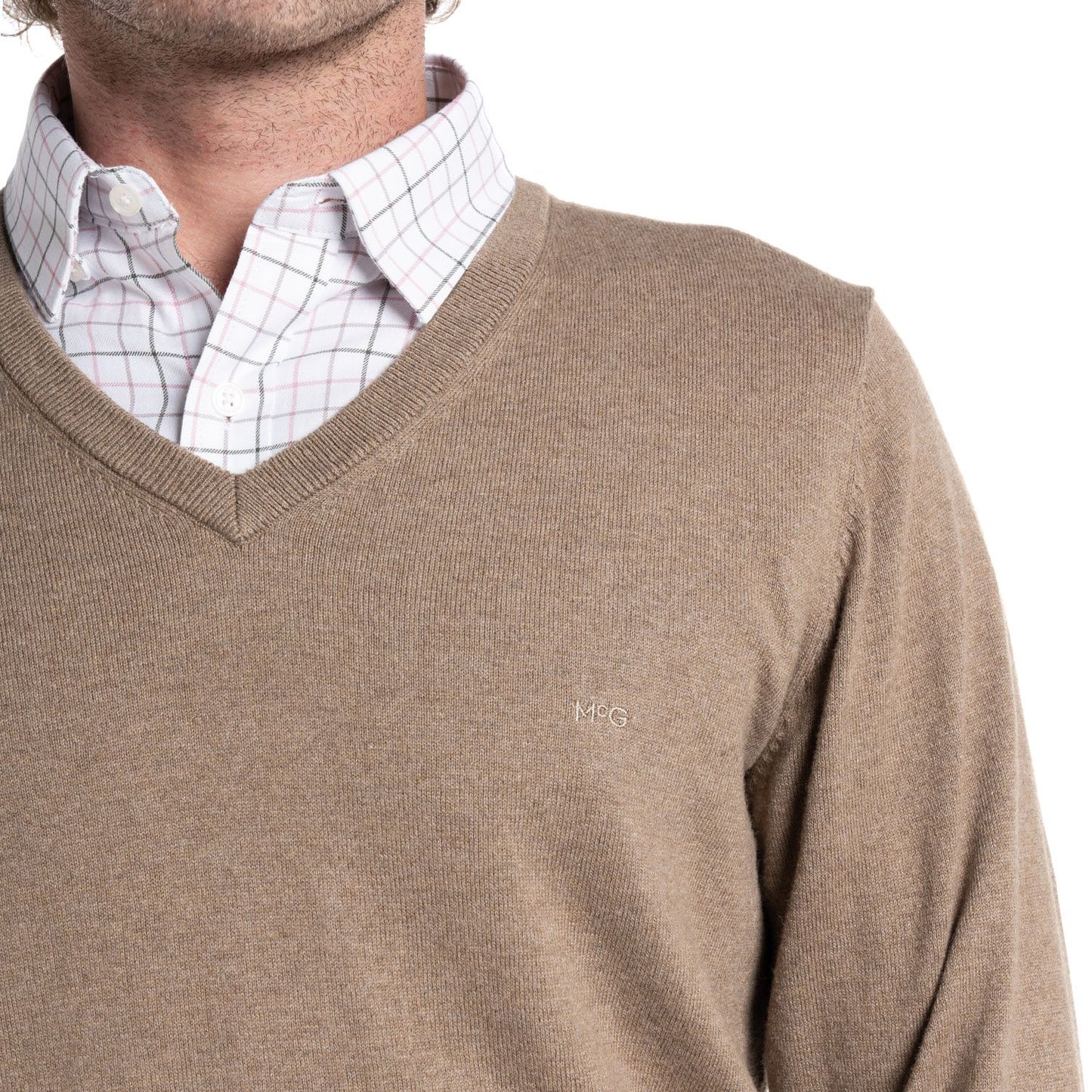 sweater-hombre-manga-larga-melange-cuello-v-taupe