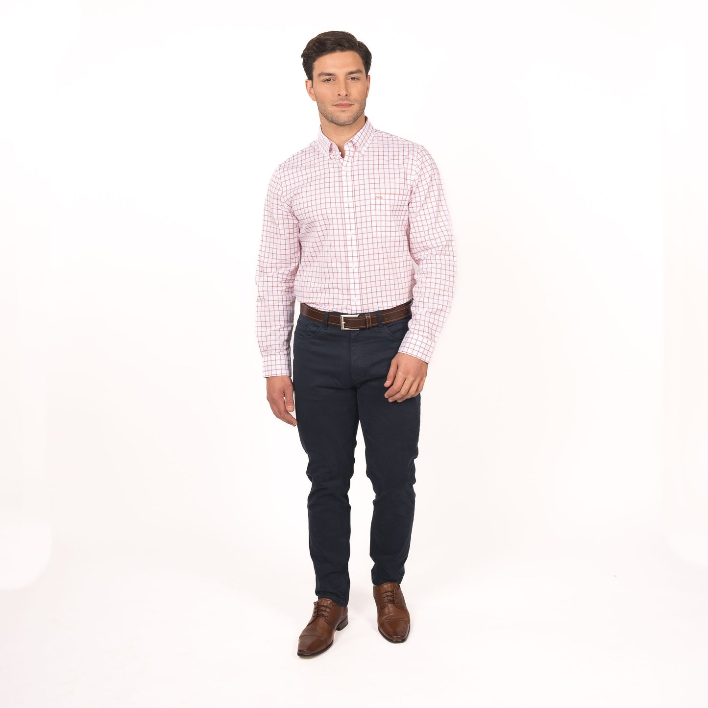 Camisa Hombre Wall Street Smart Cuadro Comfort Fit Coral Claro