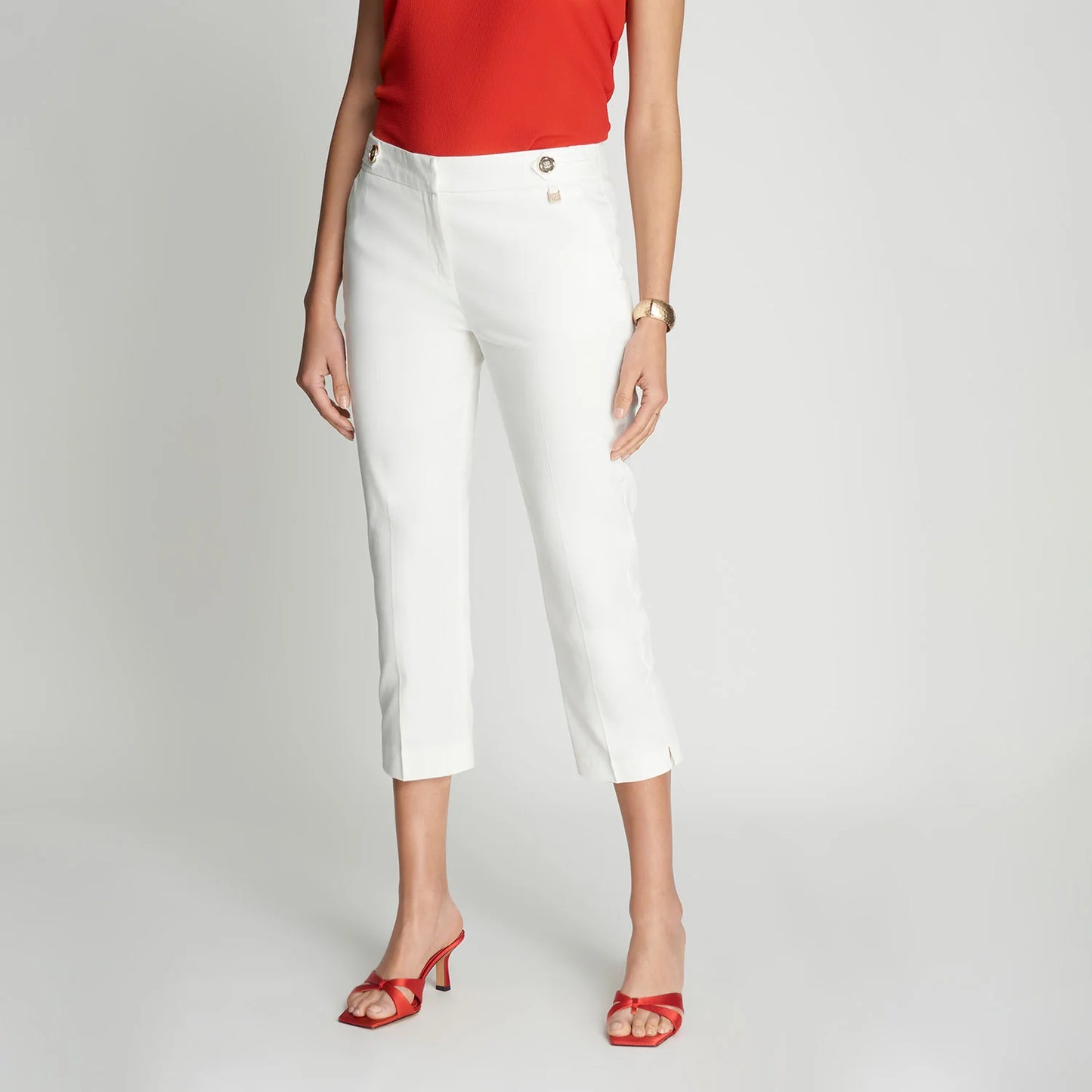 Pantalón Mujer Capri Con Botones En La Cintura Blanco