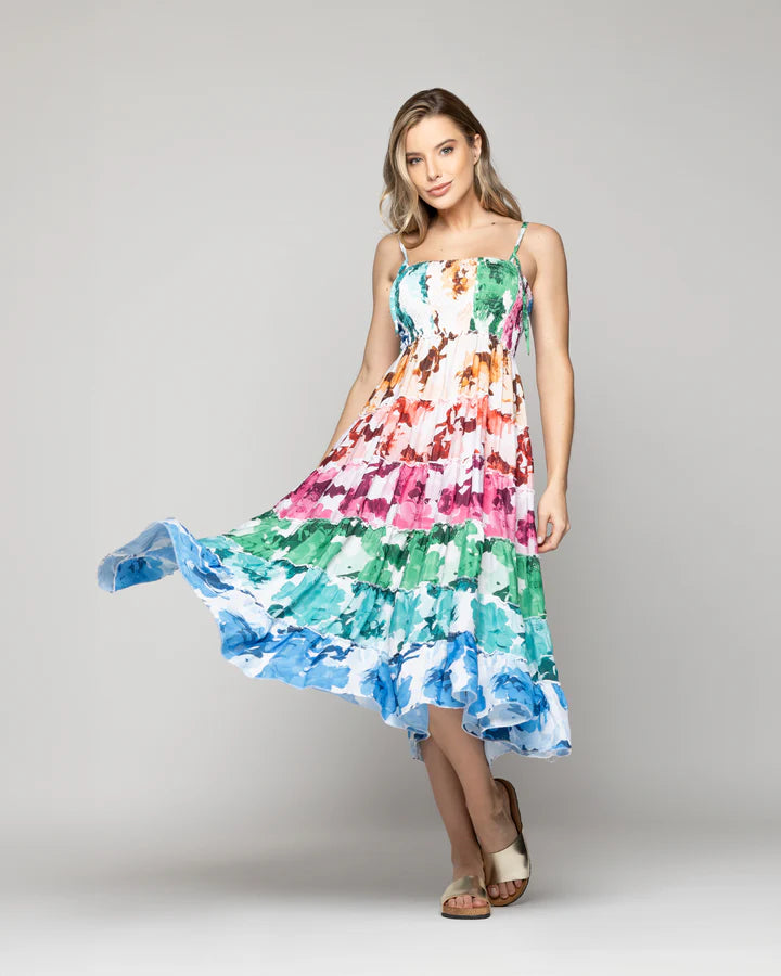 Vestido Mujer Velinda Con Vuelos Y Elasticado Estampado Multicolor