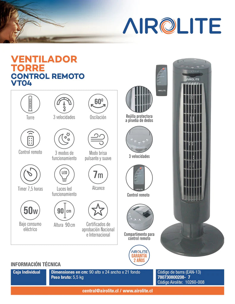 Ventilador torre c/control remoto VT04R