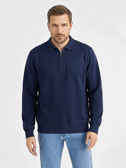 Sweater Hombre Cuello Camisa Zipper Azul
