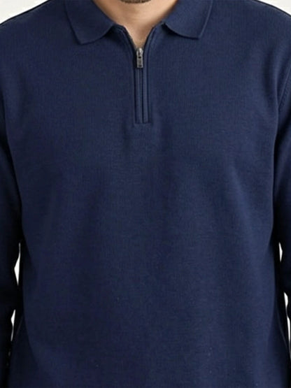Sweater Hombre Cuello Camisa Zipper Azul