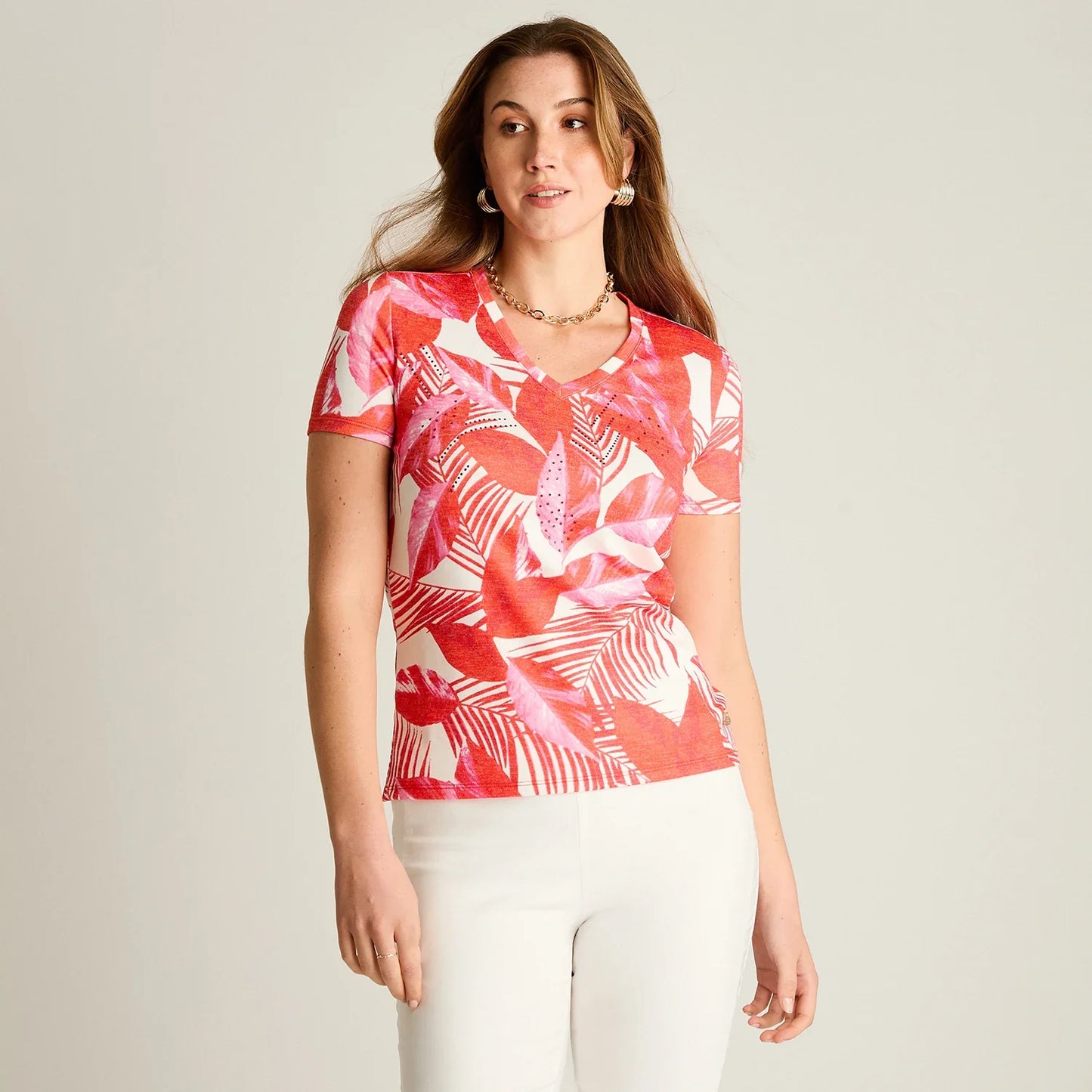 Polera Mujer Estampado Tropical Elegante Roja