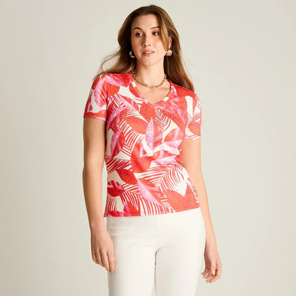 Polera Mujer Estampado Tropical Elegante Roja