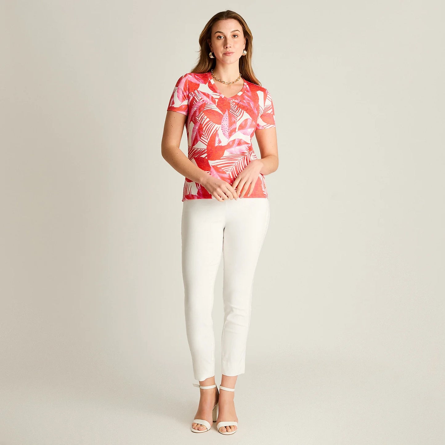 Polera Mujer Estampado Tropical Elegante Roja