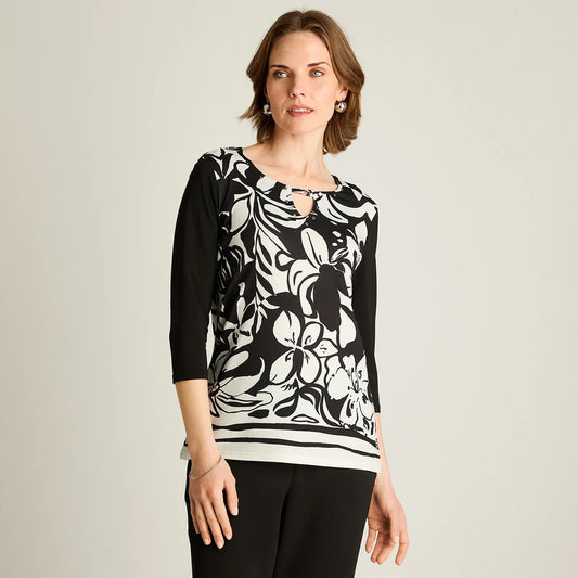 Polera Mujer  Floral Manga 3/4 Negro