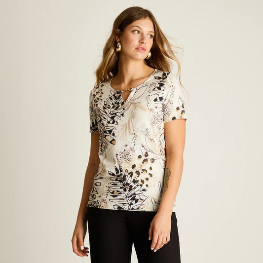 Polera Mujer Estampado Natural Manga Corta Beige