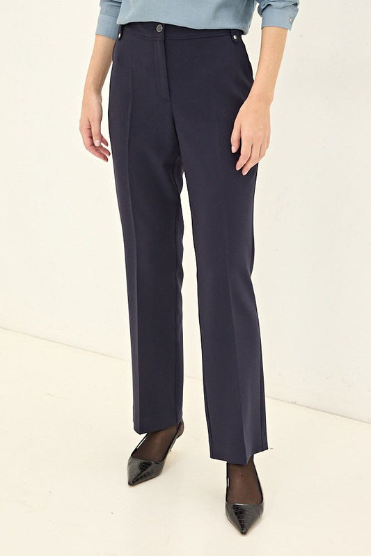 Pantalón Mujer Liso Recto con Vivo Decorativo en Pretina y Tachas Decorativas en Pasadores Azul