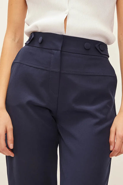 Pantalón Mujer Recto Botones Forrados En Pretina Azul Marino