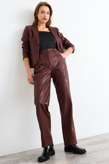 Pantalon Mujer Liso Pu Tiro Alto Café
