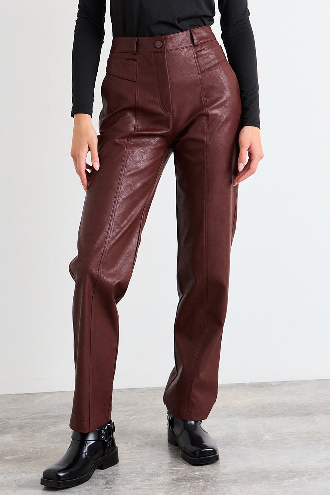 Pantalon Mujer Liso Pu Tiro Alto Café