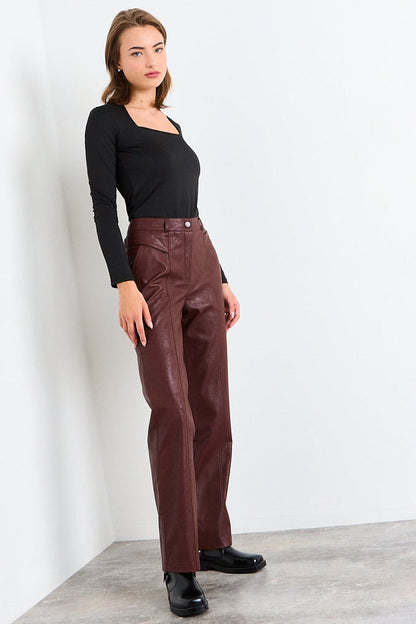 Pantalon Mujer Liso Pu Tiro Alto Café