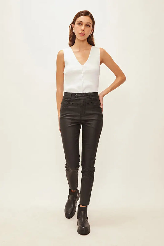 Jeans Mujer Skinny Con Proceso Recubierto Y Cintura Cruzada Con Abroches Negro