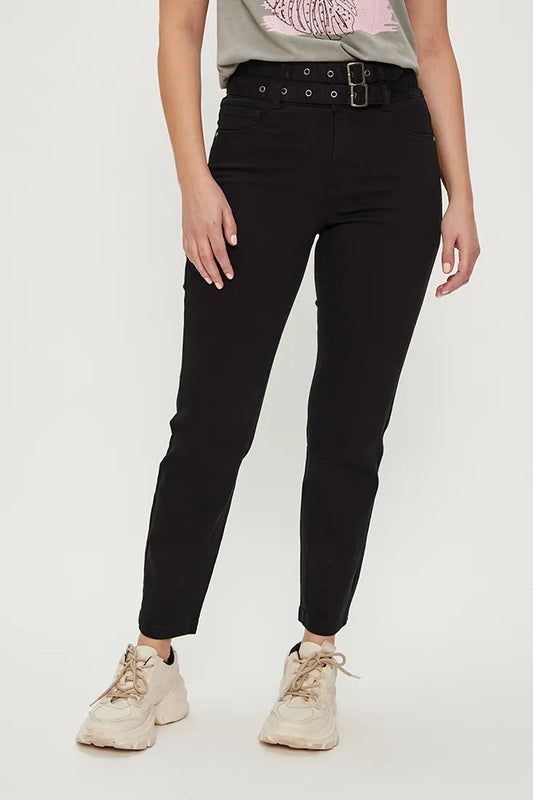Jeans Mujer Skinny Con Cinturón 2 Tela Y Hebilla, Cintura Alta Negro