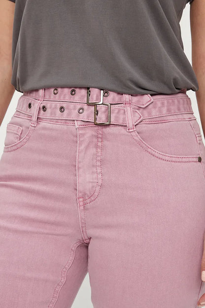 Jeans Mujer Skinny Con Cinturón 2 Tela Y Hebilla, Cintura Alta Rosado