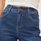 Jeans Mujer Flare Corte Diagonal Y Tachuelas Azul