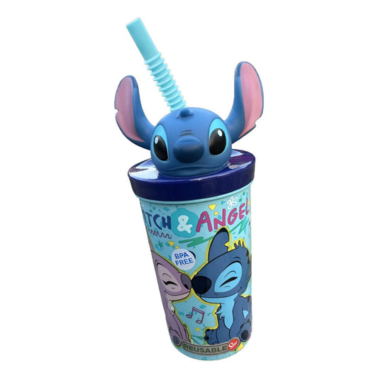 Vaso Stitch Con Bombilla Y Figura 3D azul 360ml