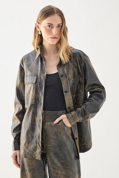 Chaqueta Mujer Camisera Manga Larga Bolsillos Delantero Y Puño Camel