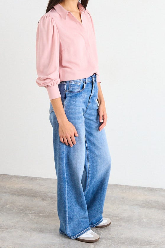 Blusa Mujer Camisera Básica Con Detalle En Puños Rosado