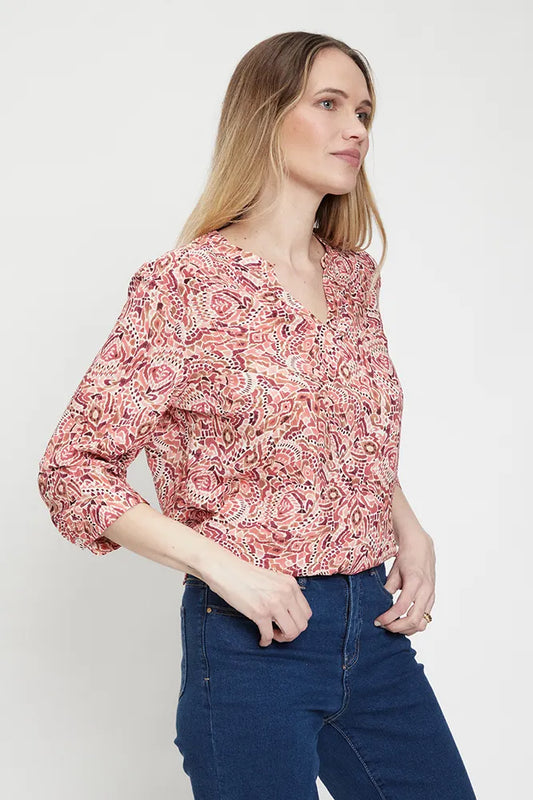 Blusa Mujer Lurex Estampado Etnico Rosa