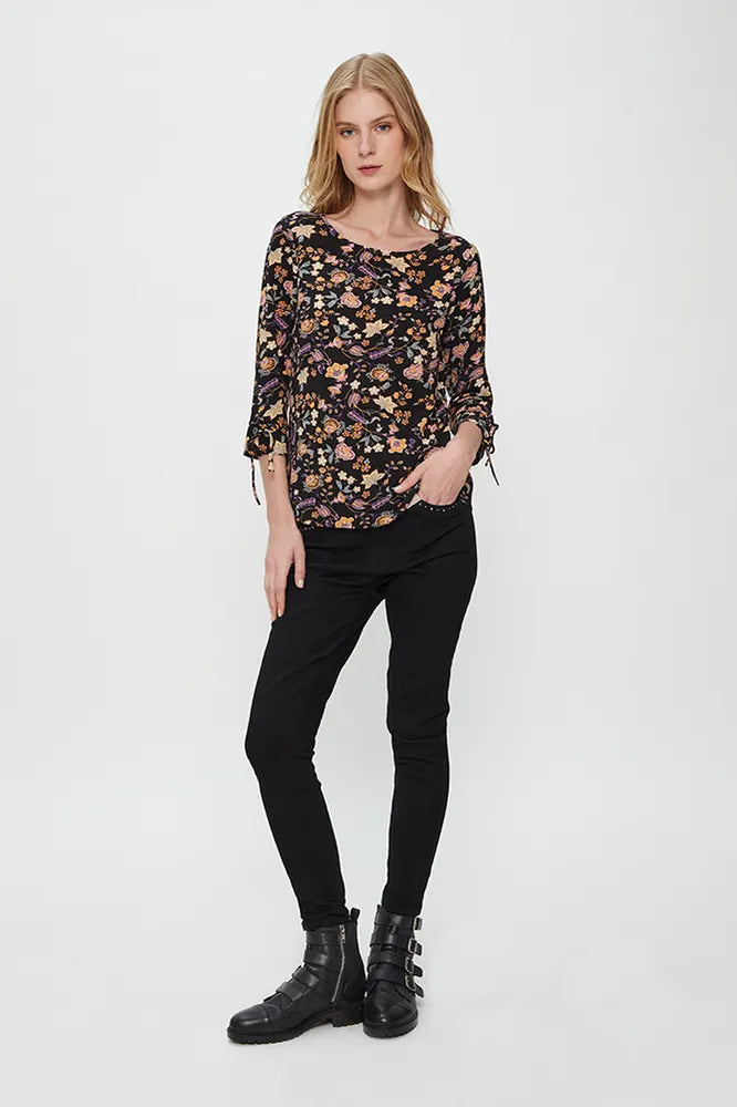 Blusa Mujer Print Manga Acampanada Negro