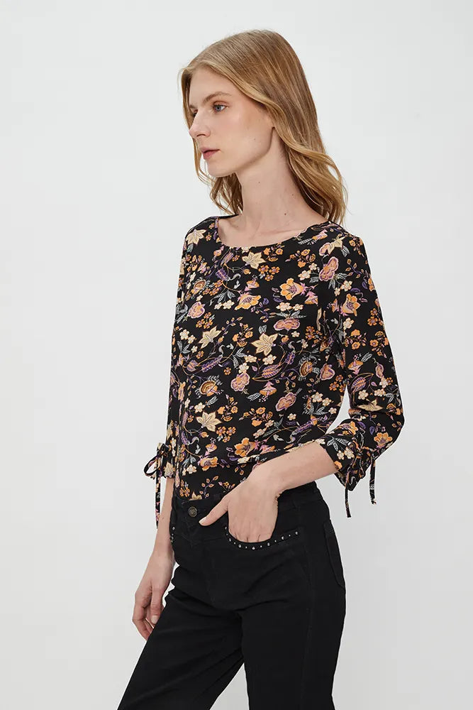 Blusa Mujer Print Manga Acampanada Negro