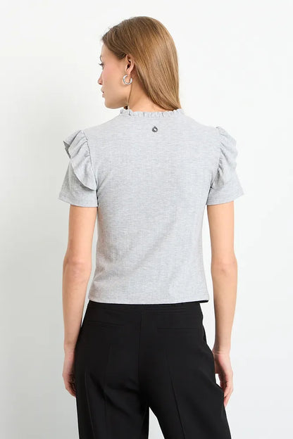 Polera Mujer Rib Acid Wash Vuelos Gris