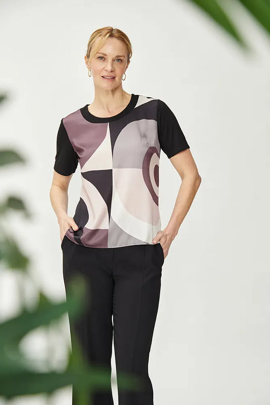 Polera Mujer Doble Tela Estampado Geometrico Negro