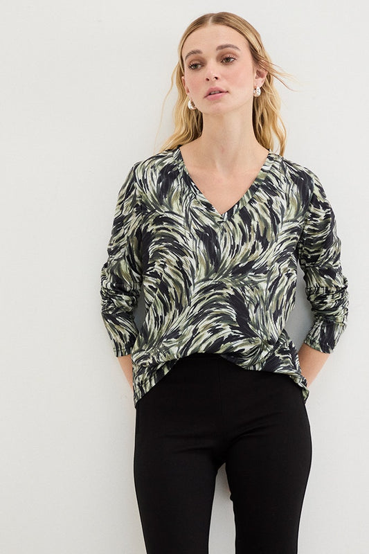 Polera Mujer Manga Larga Escote en V Estampada con Corte Canesú y Tabla en Espalda Verde