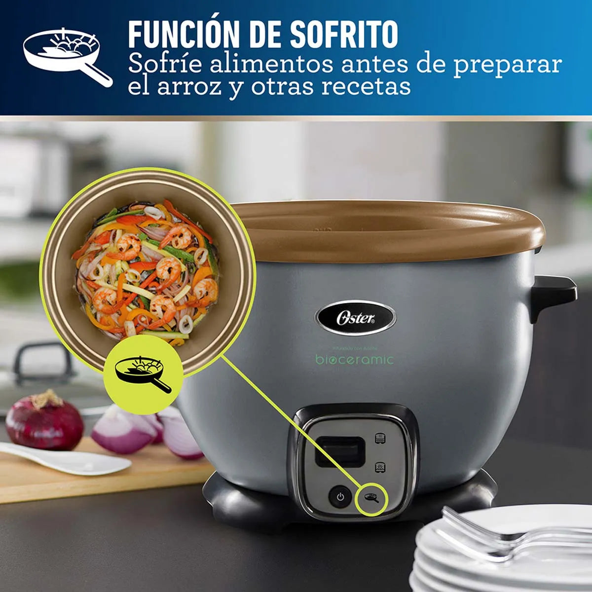 Arrocera multiusos Oster® con función sofrito y recubrimiento Bioceramic® infundido con aceite de oliva CKSTRC7129S