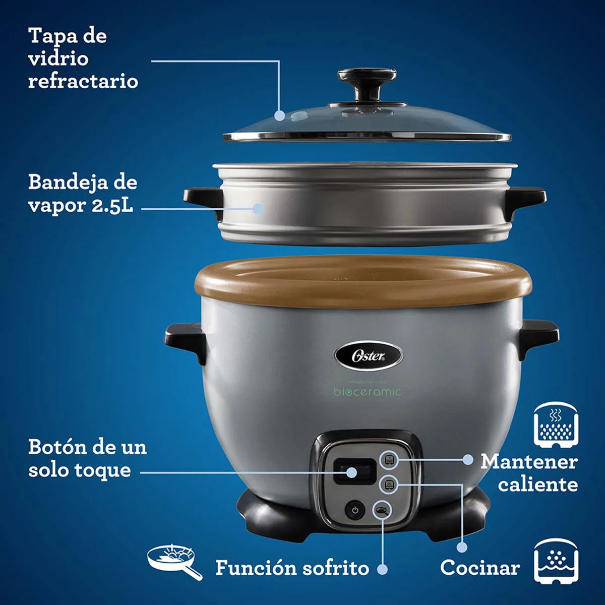 Arrocera multiusos Oster® con función sofrito y recubrimiento Bioceramic® infundido con aceite de oliva CKSTRC7129S