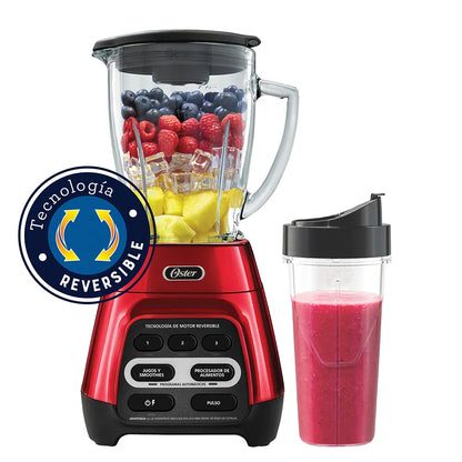 Licuadora roja con programas automáticos, tecnología reversible y vaso Blend