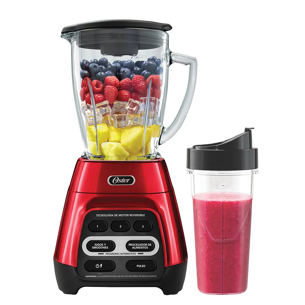 Licuadora roja con programas automáticos, tecnología reversible y vaso Blend
