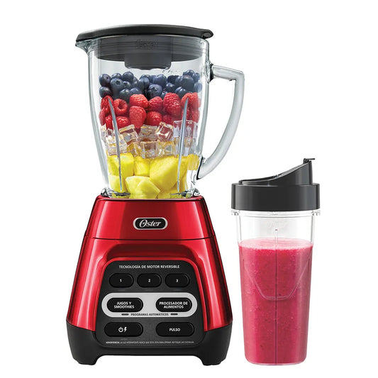 Licuadora roja con programas automáticos, tecnología reversible y vaso Blend