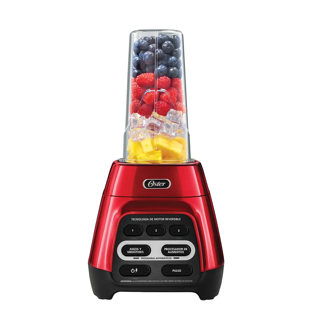 Licuadora roja con programas automáticos, tecnología reversible y vaso Blend