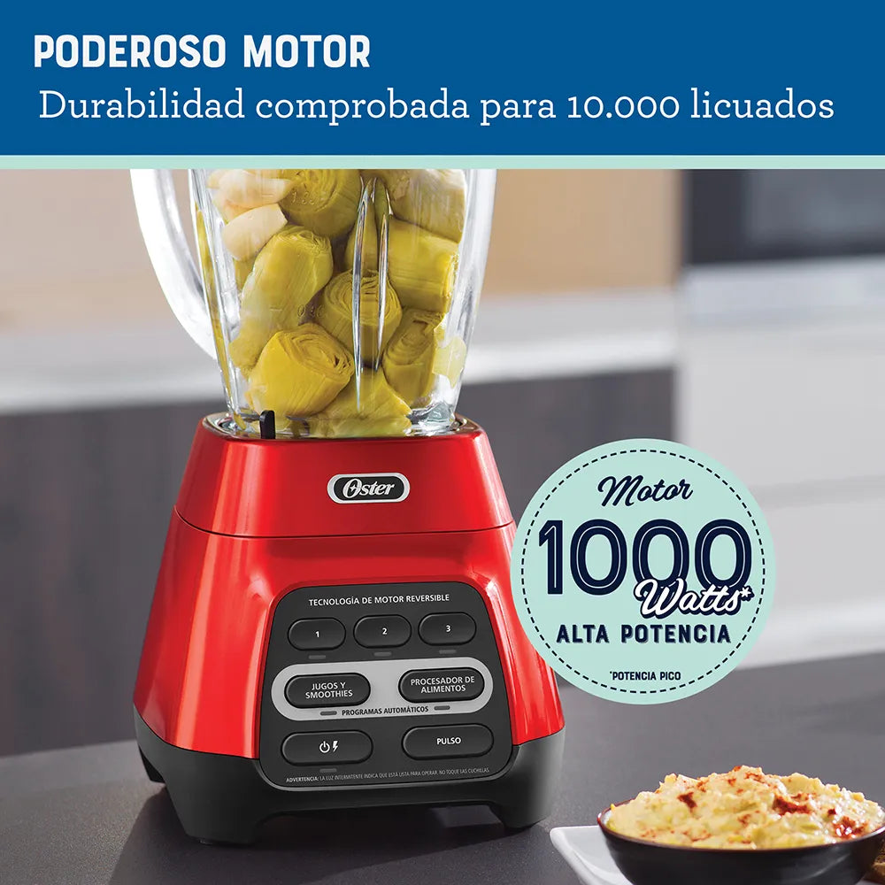 Licuadora roja con programas automáticos, tecnología reversible y vaso Blend