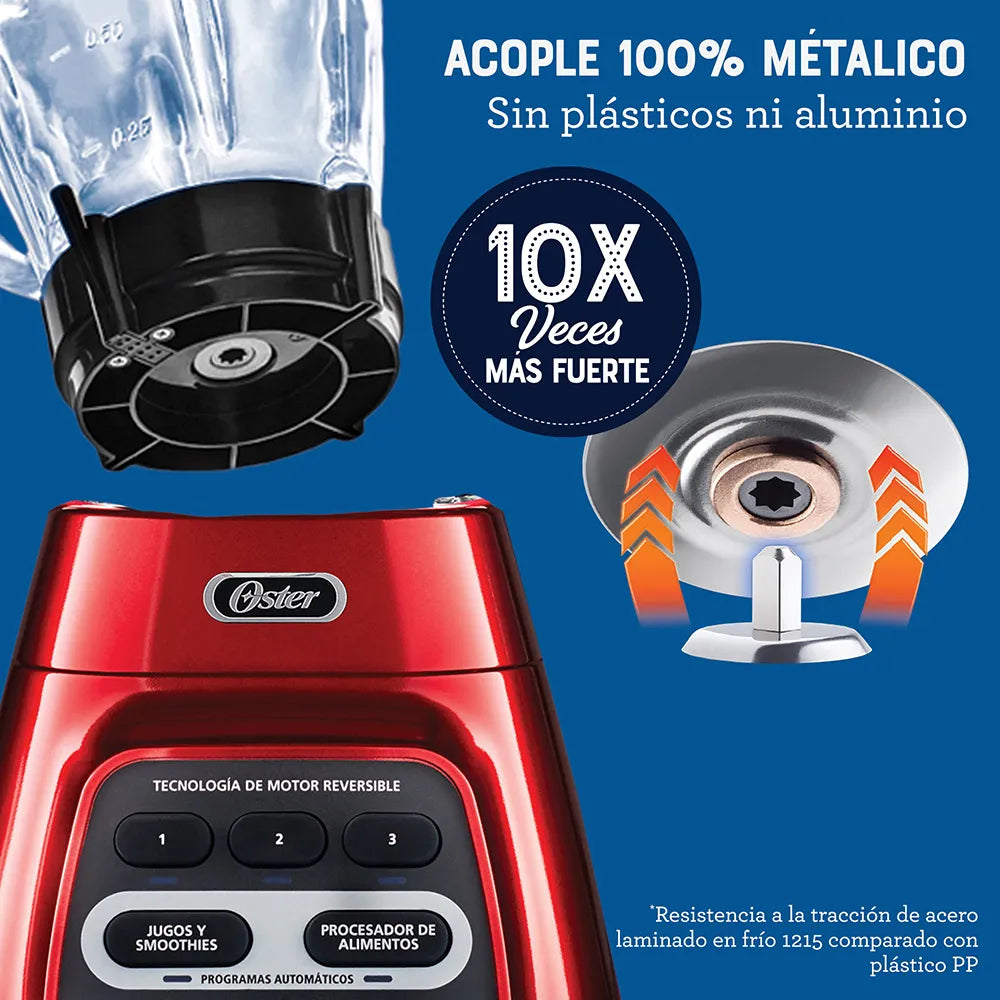 Licuadora roja con programas automáticos, tecnología reversible y vaso Blend