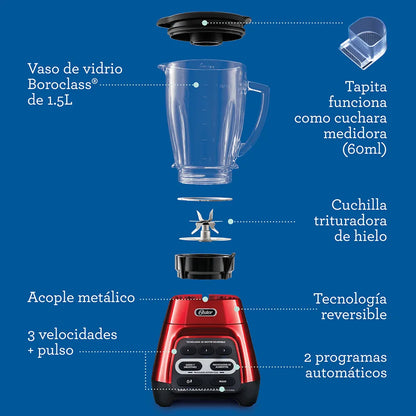 Licuadora roja con programas automáticos, tecnología reversible y vaso Blend