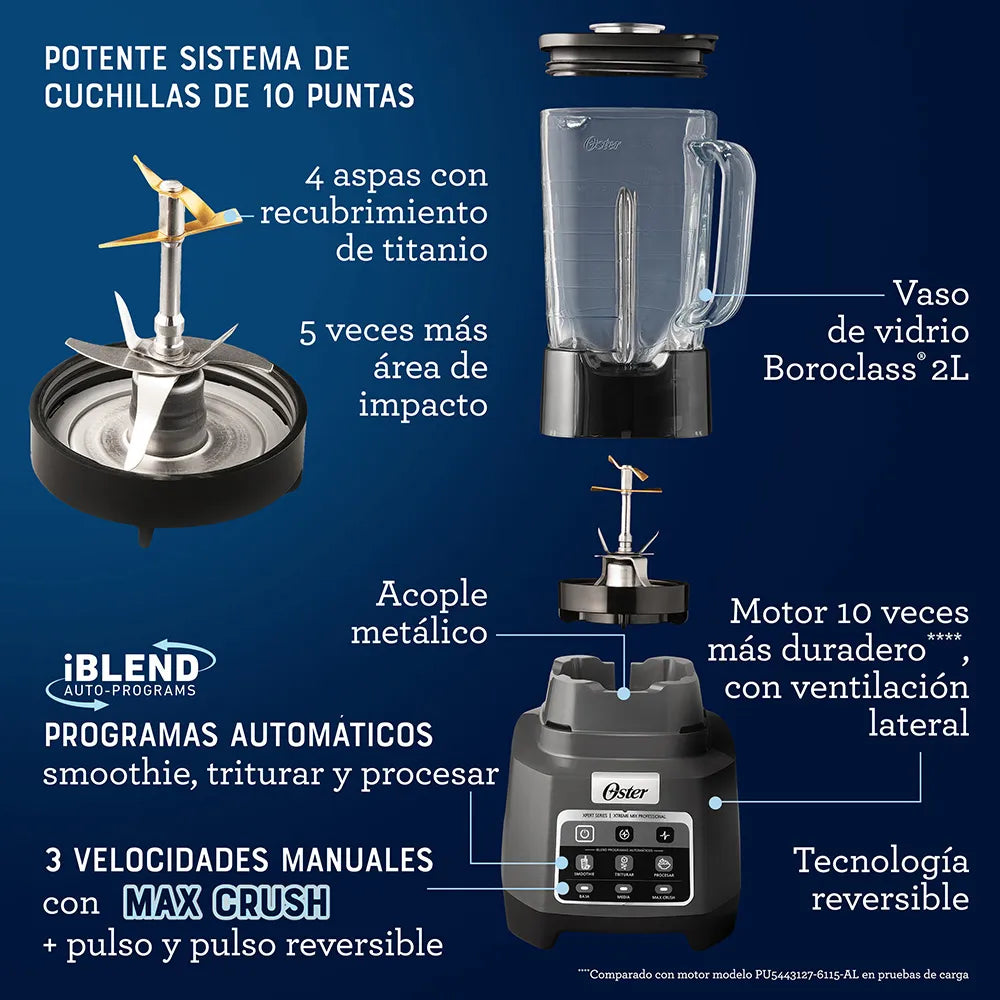Licuadora Profesional Oster® XTREME MIX con iBLEND y MAX CRUSH con Tecnología Reversible, Vaso