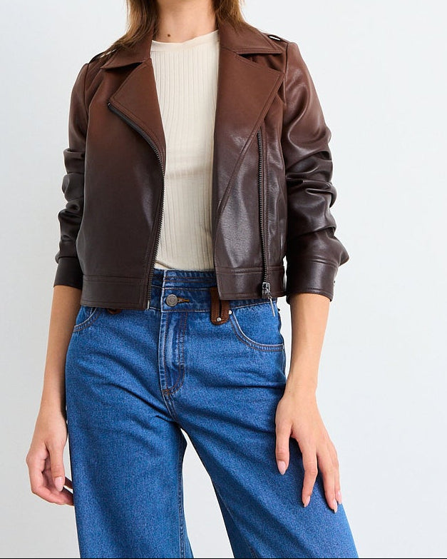 Casaca Mujer Tipo Biker De Pu Con Degrade Café