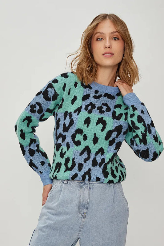 Sweater Mujer Peludo Jaquard Celeste