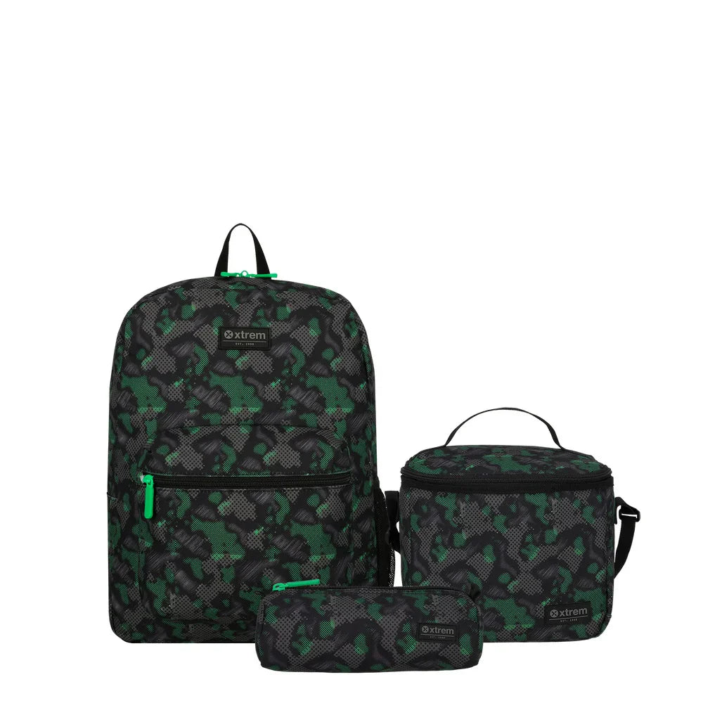 Mochila Triple Pack + Estuche + Lonchera Niño Black Green
