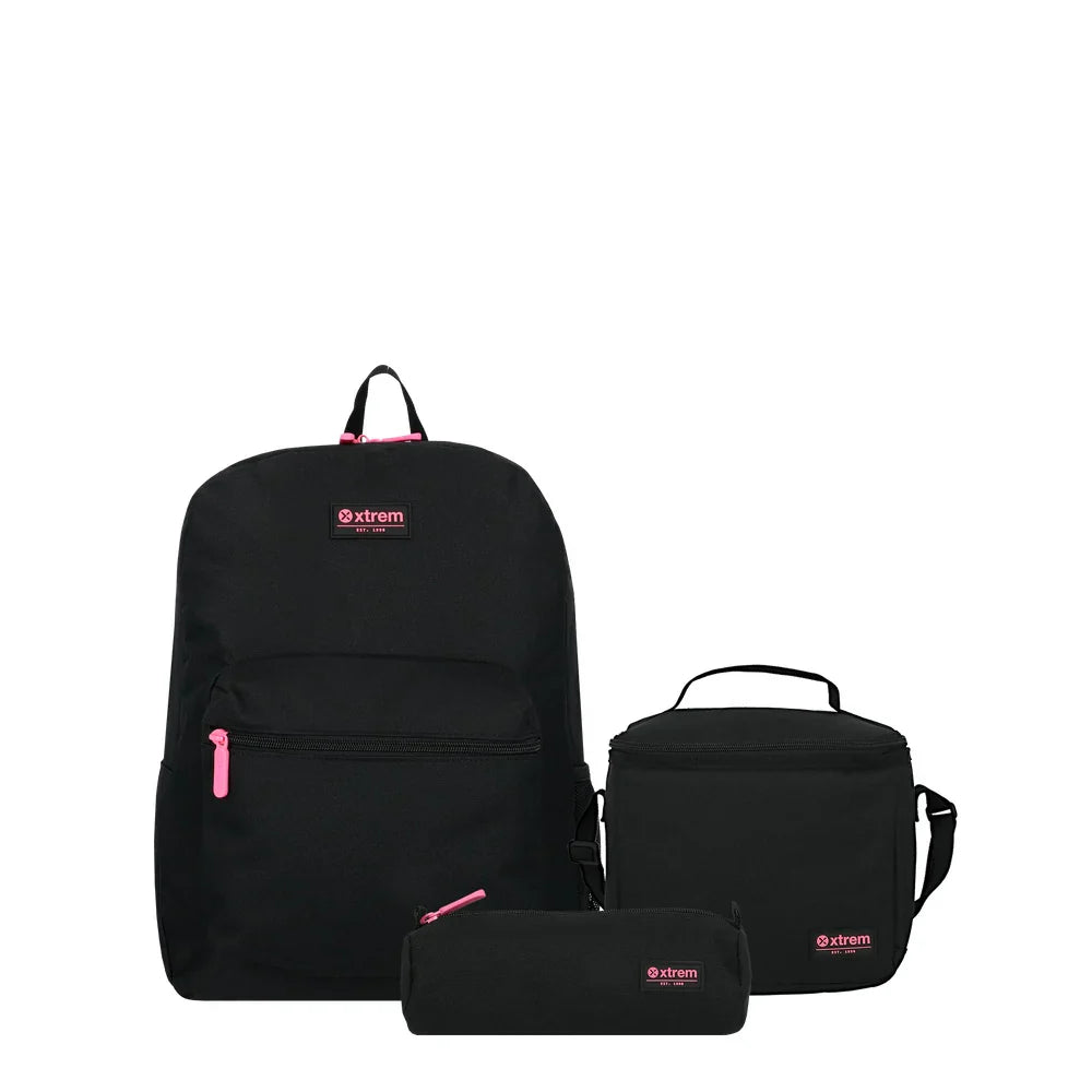 Mochila Triple Pack + Estuche + Lonchera Niña Negra-Rosada