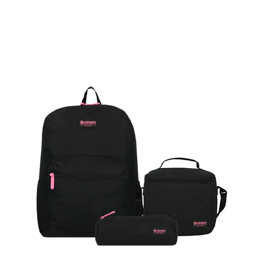 Mochila Triple Pack + Estuche + Lonchera Niña Negra-Rosada