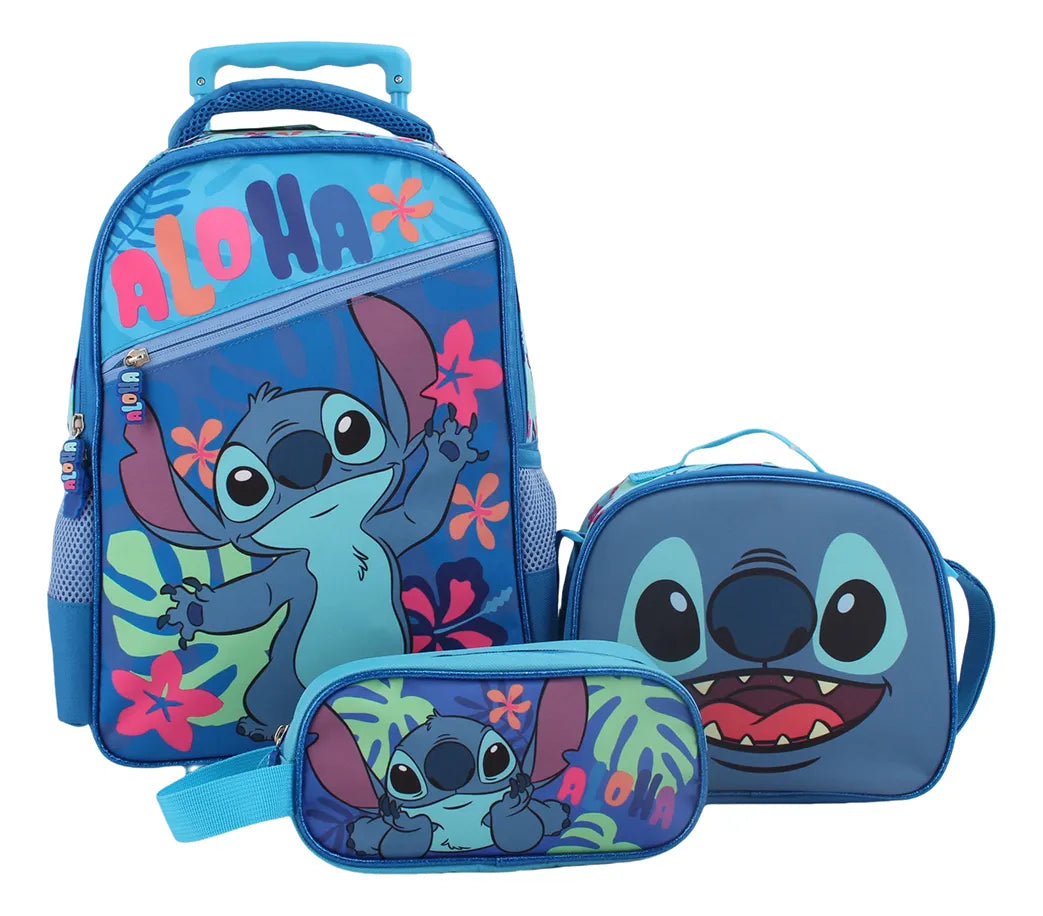 Pack Mochila Con Ruedas Unisex Stitch Estuche Lonchera Set 3 Pcs Azul