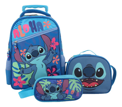Pack Mochila Con Ruedas Unisex Stitch Estuche Lonchera Set 3 Pcs Azul