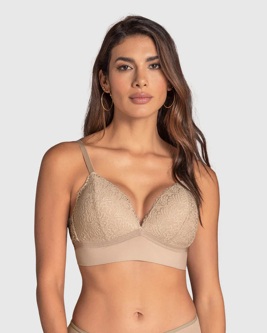 Sostén Mujer Sin Arco Liso Y Encaje Café Claro