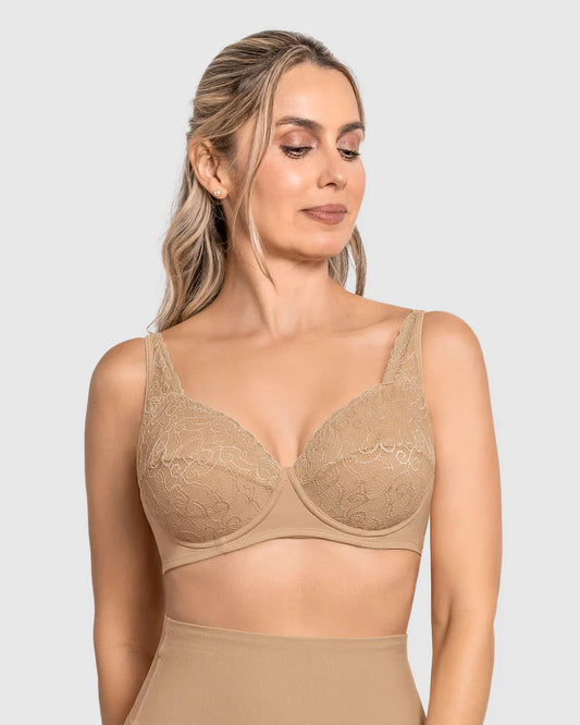 Sostén Mujer Triangular Con Copas En Encaje Y Espalda En Tela Lisa Café Medio